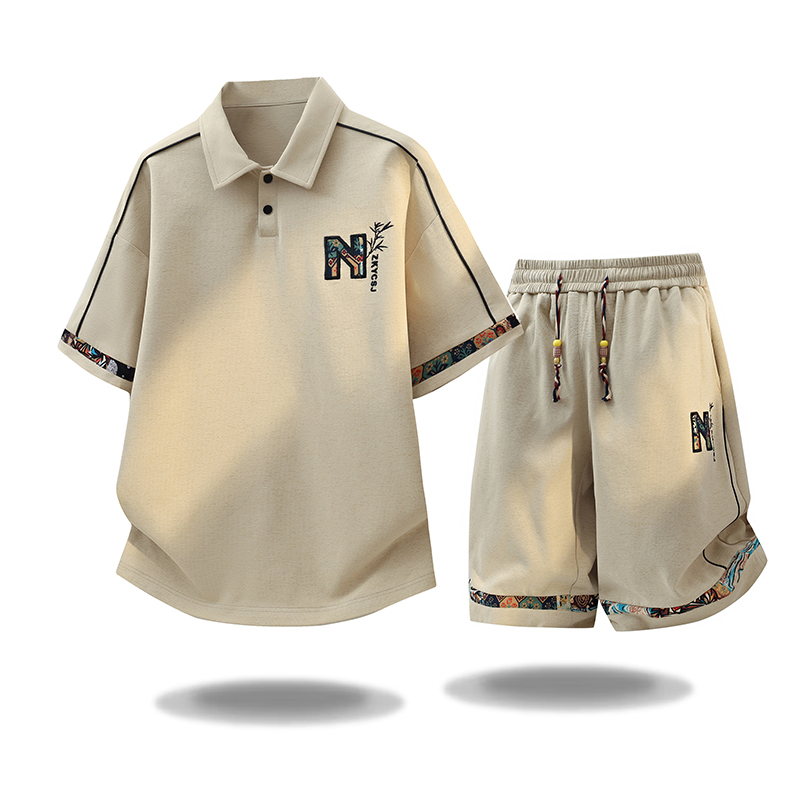 Embroidery Knit - แฟชั่นฤดูร้อนใหม่ เสื้อยืดแขนสั้นแนวสปอร์ตสำหรับกิจกรรมกลางแจ้ง ชุดลำลองผู้ชายทรงหลวม ไซส์ใหญ่ คุณภาพสูง ชุดสองชิ้น