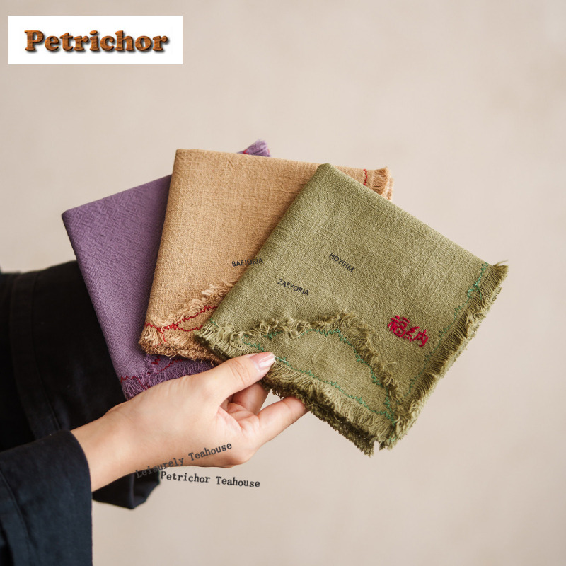 Embroidery Towel - ผ้าเช็ดชา HOYIHM ผ้าฝ้ายลินินเย็บมือ ขอบพู่ปักลาย ผ้ารองกันความร้อนแบบโบราณ ผ้าเช็ดชา