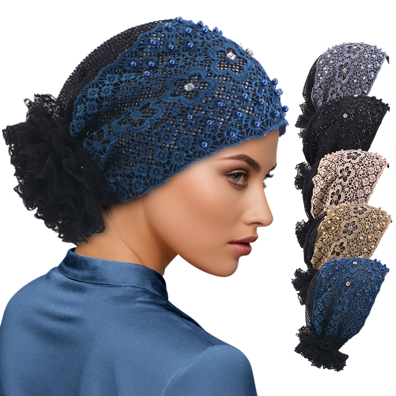 Embroidery Hat Machine - ใหม่Elegantลูกไม้ปักดอกไม้ลูกปัดTurbanหมวกมุสลิมChemoหมวกอิสลามHeadwear Bonnet Ready to WearหญิงHead Wraps