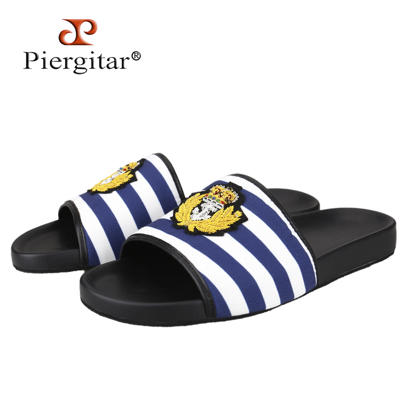 Embroidery Style - Piergitar สีฟ้าและสีขาว Checkered Canvas รองเท้าแตะผู้ชาย Royal
