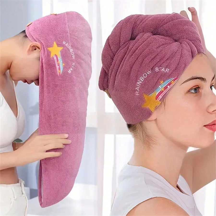 Embroidery Towel - ผ้าขนหนูโพกผมแห้งเร็ว ผ้าคอรัลฟลีซ ปักลายดาวและสายรุ้ง