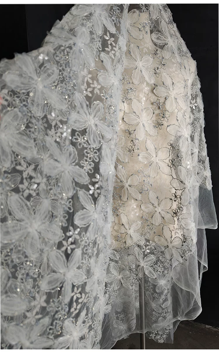 Embroidery Wedding - ผ้าปักเลื่อมดิ้นทอง 1 หลา, ผ้าตาข่ายลายดอกไม้ 3 มิติ