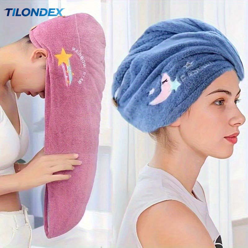 Embroidery Towel - ผ้าโพกผมซับน้ำเร็วสำหรับผู้หญิง TILONDEX พร้อมลายปักการ์ตูนน่ารัก - น้ำหนักเบา ผลิตจากผ้าคอรัลฟลีซ
