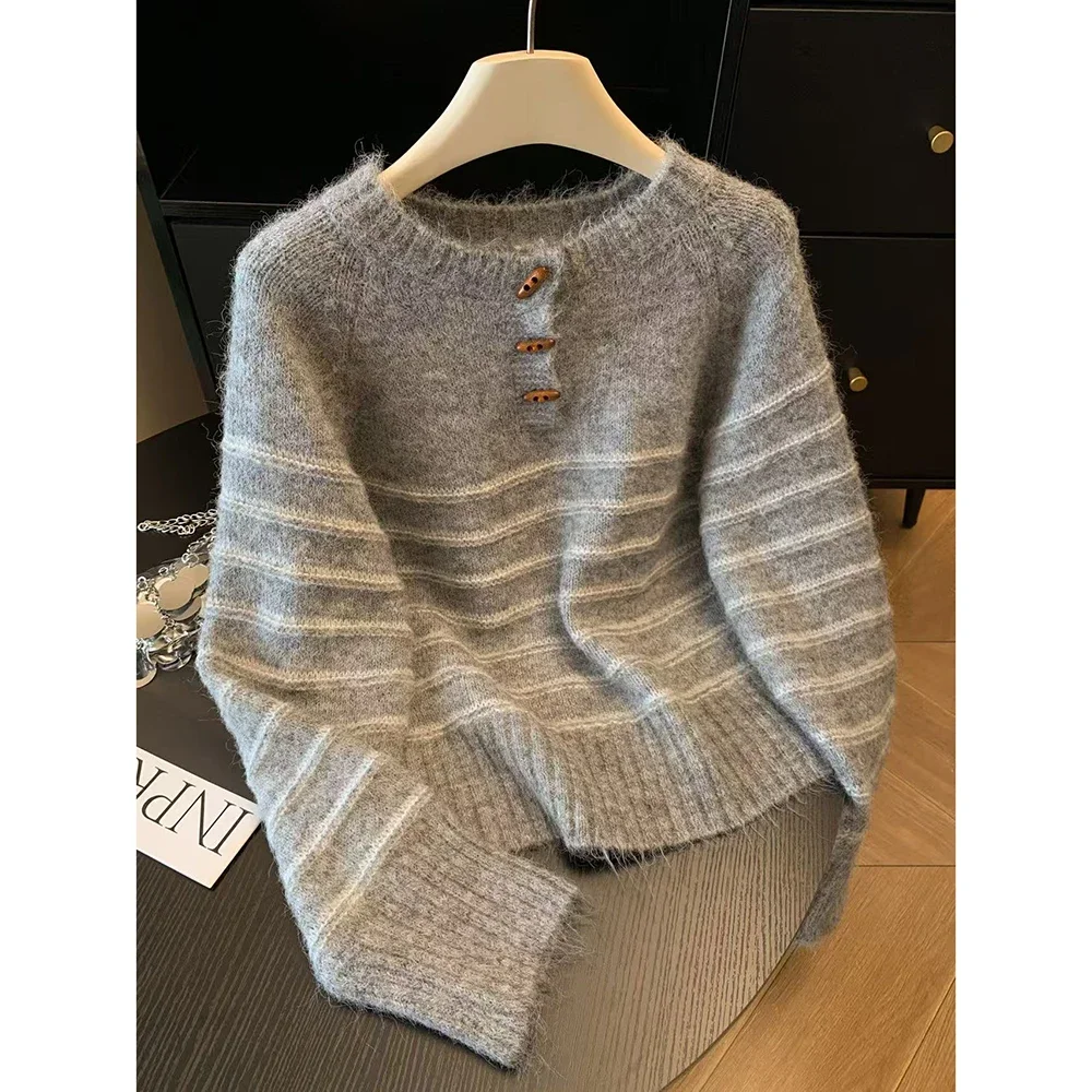 Embroidery Knit - เสื้อสเวตเตอร์ไหมพรมแคชเมียร์ลายทางสำหรับผู้หญิง ฤดูใบไม้ร่วง ฤดูหนาว ทรงหลวม อุ่นสบาย เสื้อถักแบบสวม