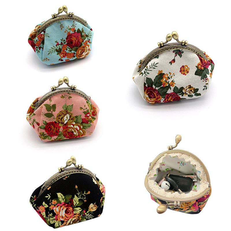 Embroidery Wallet - กระเป๋าใส่เหรียญผ้าแคนวาสลายดอกกุหลาบสไตล์วินเทจสำหรับผู้หญิง พร้อมตัวล็อคแบบ Kiss Lock และช่องใส่บัตร
