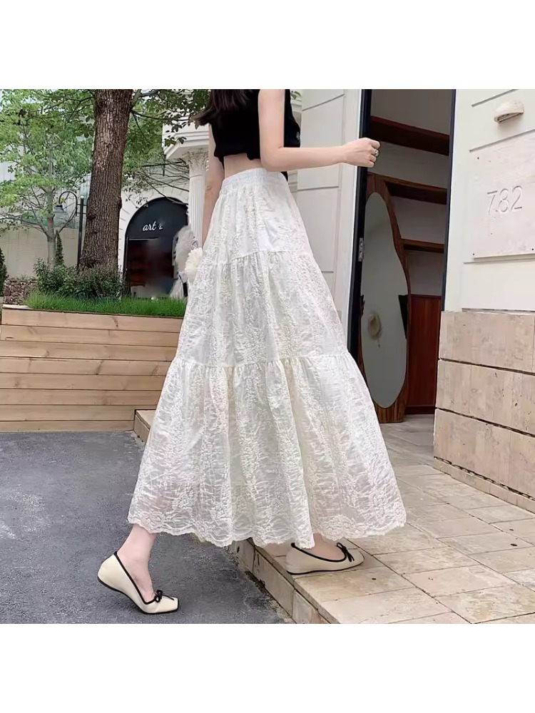 Embroidery Effect - กระโปรงทรงเอเอวสูงสำหรับสาวพลัสไซส์ แต่งลูกไม้ปักลายตาข่าย กระโปรงยาวปานกลาง ใส่แล้วดูผอมเพรียว เหมาะกับรูปร่างทรงลูกแพร์