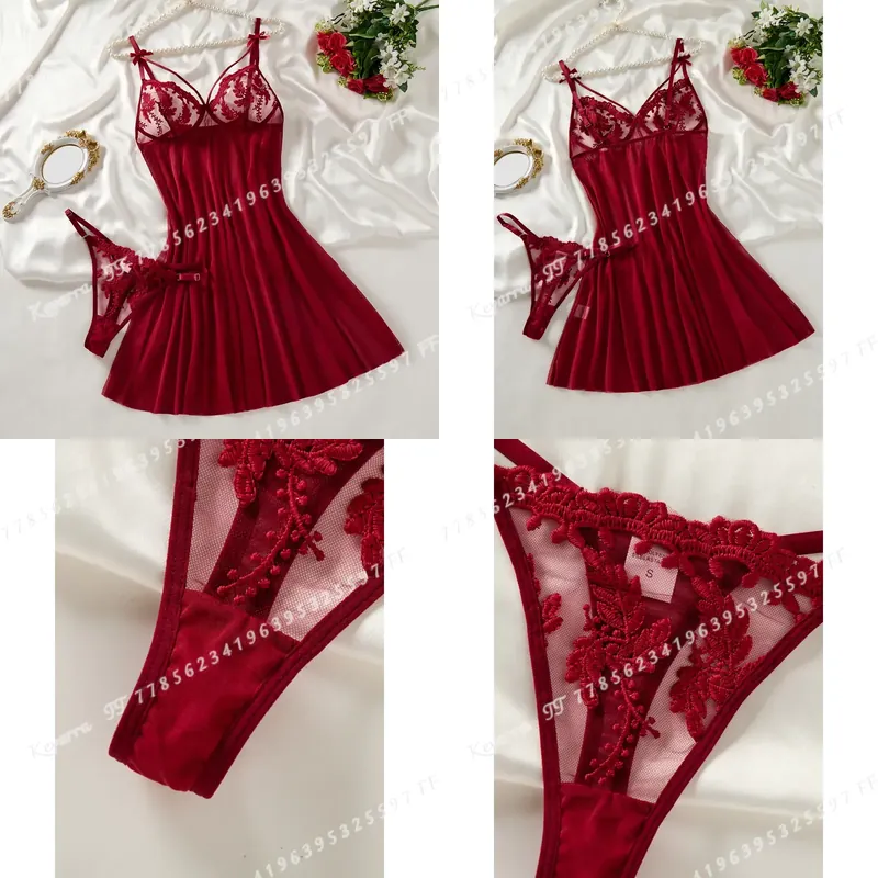 ชุดนอนสีแดงไวน์สำหรับผู้หญิง ส - Embroidery Style บทวิจารณ์และราคา